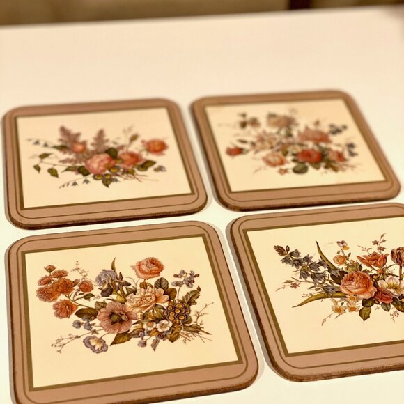 Set of 4 Vintage Floral Coasters with Cork Backing,‎ Made in England - Picture 7 of 8